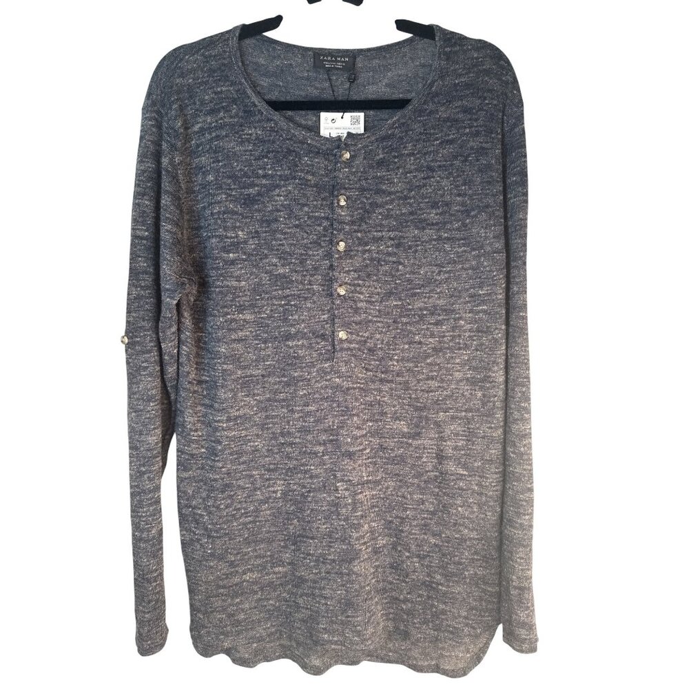 ZARA Man Blue Marled Large Long Sleeve Henley Shirt New